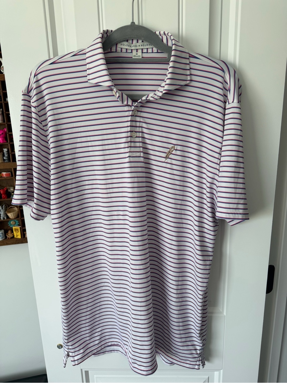 Men's Golf Striped Polo Shirt in White and Purple- Holderness & Bourne